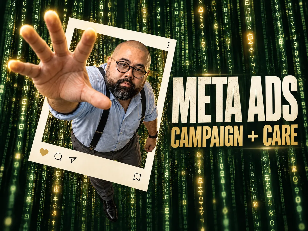 ที ยื่นมือออกมาจากกรอบโพสต์ ข้อความ META ADS CAMPAIGN + CARE