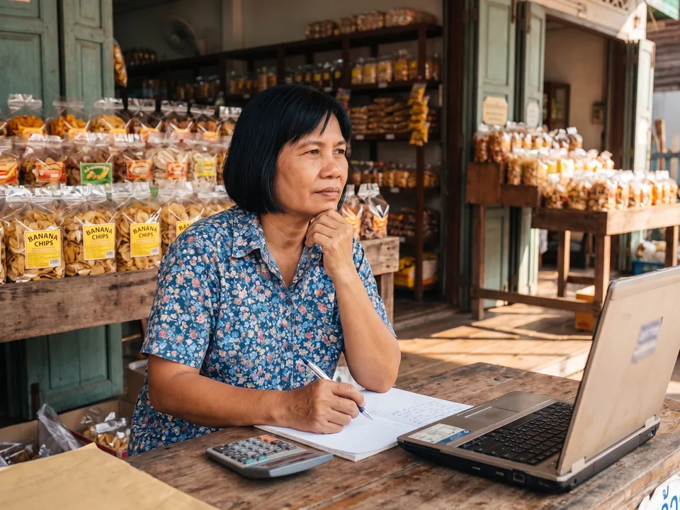 ภาพประกอบตัวละครสมมติ แป้ง นั่งหน้าร้านของฝาก จดตัวเลขลงสมุด ข้างเครื่องคิดเลขและโน้ตบุ๊ก