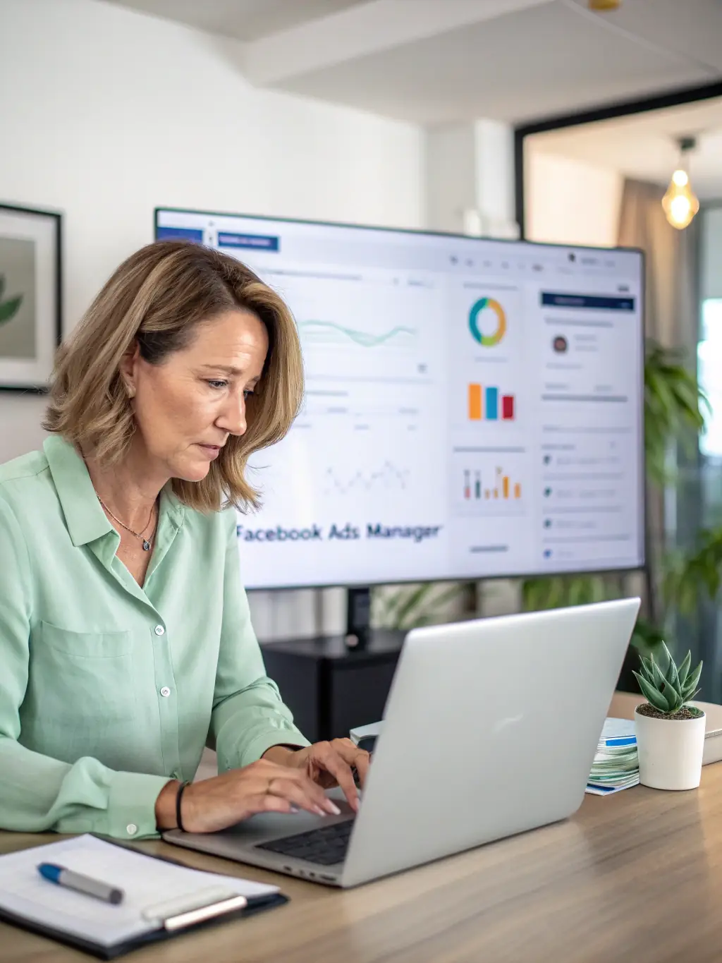 A professional photo of a team member managing a Facebook Ads campaign on a computer, showcasing the focus and expertise involved in Facebook Ads management at 23Ads.