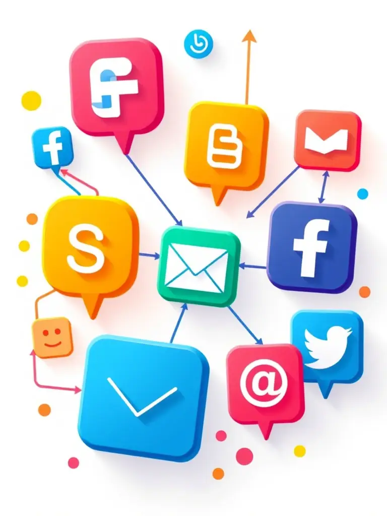A dynamic image of various marketing channels converging towards a central point, symbolizing the integrated approach of performance marketing, used to represent 23Ads' expertise in performance marketing.