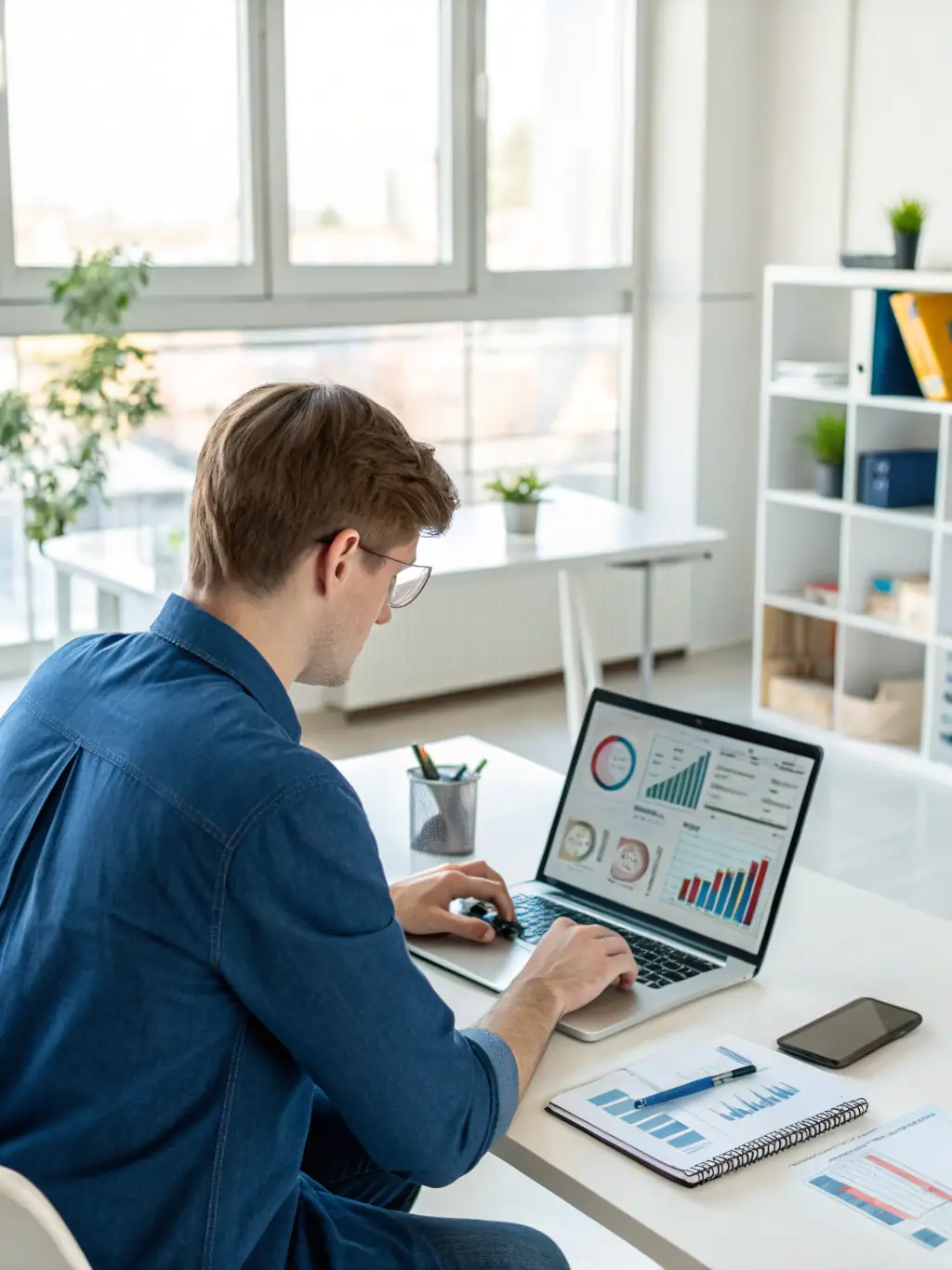 A professional digital marketer analyzing campaign performance metrics on a dashboard, showcasing data-driven decision-making.